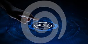 Innovation technology concept. Hand pressing button on virtual screen.