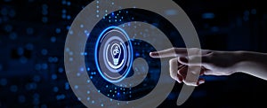 Innovation technology concept. Hand pressing button on virtual screen