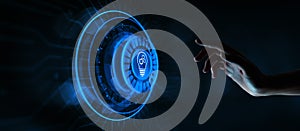 Innovation technology concept. Hand pressing button on virtual screen