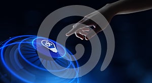 Innovation technology concept. Hand pressing button on virtual screen