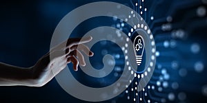 Innovation technology concept. Hand pressing button on virtual screen