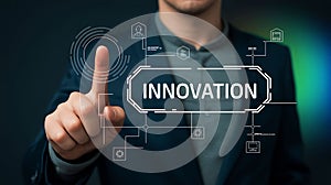 Innovation and Technology Concept with Man Touching Screen Futuristic Digital Interface with Innovation Text Graphic
