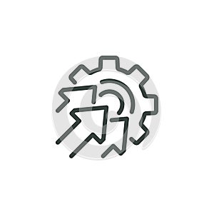 Innovation technology, implement process optimize, tech efficient production outline icon. Line sign gear and three photo