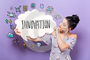Innovation with woman holding a speech bubble