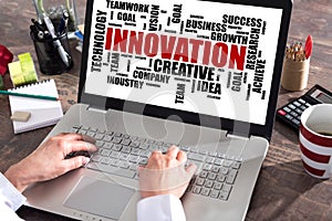 Innovation word cloud concept on a laptop screen