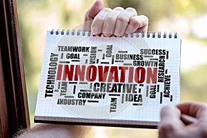 Innovation word cloud concept on a notepad