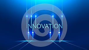 Innovation word. technology metaphor or concept banner title. Blue background.