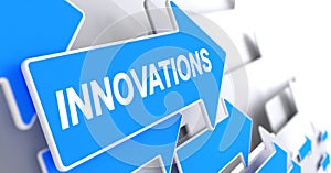 Innovations - Label on the Blue Arrow. 3D. photo
