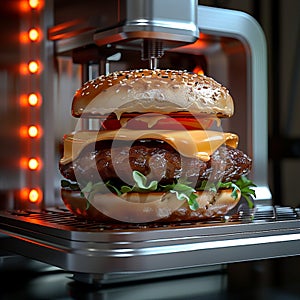 Innovative 3D printer crafts savory meat burger Futuristic culinary marvel