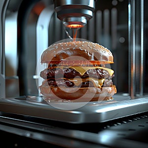 Innovative 3D printer crafts savory meat burger Futuristic culinary marvel