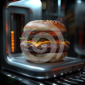 Innovative 3D printer crafts savory meat burger Futuristic culinary marvel