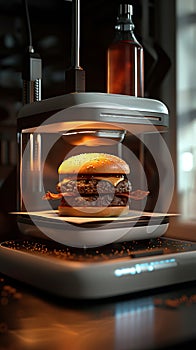 Innovative 3D printer crafts savory meat burger Futuristic culinary marvel