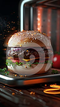 Innovative 3D printer crafts savory meat burger Futuristic culinary marvel