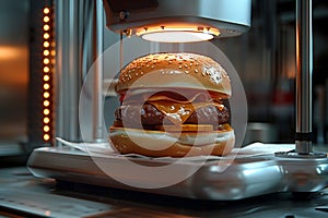 Innovative 3D printer crafts savory meat burger Futuristic culinary marvel