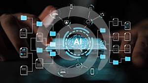 Innovative AI Technology Concept for Data Analysis and Management with Hands and Digital Interface Representing