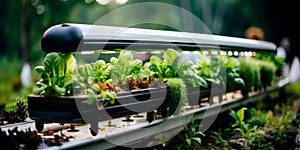 innovative aquaponics farm system, showcasing fish tanks and hydroponic vegetable beds in harmony.Generative AI