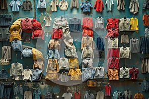 An innovative arrangement of jackets on a wall spelling SALE, a smart visual merchandising method to entice customers.