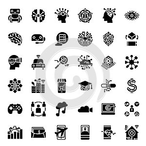 Innovative artificial intelligence and technology icon set in fill style