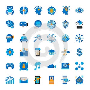 Innovative artificial intelligence and technology icon set in flat color style