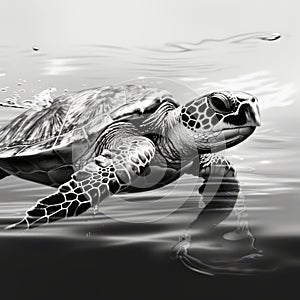 Innovative Black And White Turtle Art: Realistic Minimalist Strokes And Saturation