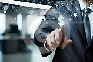 Innovative businessman interacts with digital currency network.