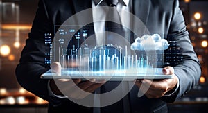 Innovative Businessman Presenting Cloud Technology and Data Visualization