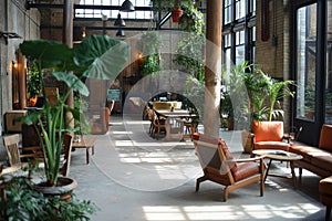 An innovative co-working space in an old converted warehouse, blending rustic charm with modern technology, day time
