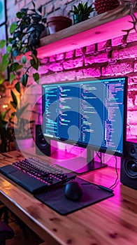 Innovative coding workspace with vibrant lighting and modern technology in a cozy environment