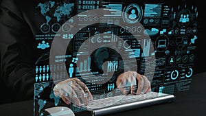 Innovative Communication Network Displaying Data Visualization and Analytics with Hands on Keyboard in Futuristic