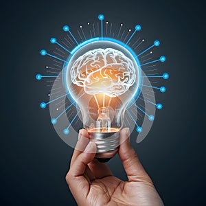 Innovative concept with brain in light bulb surrounded by technology connections