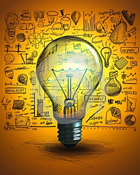 Innovative Concepts and Creative Ideas Illustrated Through Bright Light Bulb and Hand Drawn Sketches on Orange Background with photo
