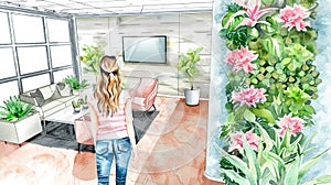 Innovative corporate lobby with vertical urban farm walls, telepresence screens facilitating remote agricultural management photo