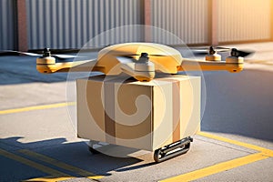 Innovative delivery logistics, cargo shipping concept with drone carrying a box in the city created with Generative AI technology