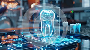 Innovative dental health app interface on a smartphone screen with holographic tooth visualization