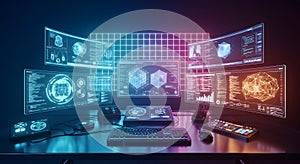 Innovative digital interface with multiple screens displaying data visualizations and programming code, advanced computer