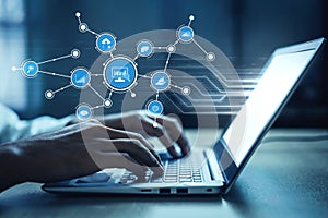 Innovative Hands Typing on Laptop with Digital Data Connection Icons Representing Technology and Business Analysis in
