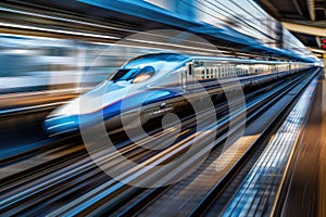 Innovative high-speed passenger train rides through a station