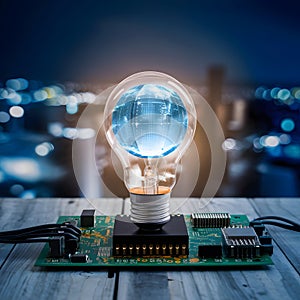 Innovative light bulb with digital globe on circuit board against cityscape at night