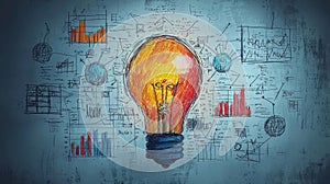 Innovative light bulb idea amidst analytical charts and graphs