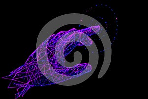 Abstract hand touching a virtual interface point representing digital interaction and command.