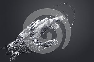 Abstract hand touching a virtual interface point representing digital interaction and command.