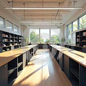 Innovative makerspace classroom interior design. Modern educational facility with collaborative environment, wide-angle view.