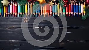 Innovative Page Design With Colored Pencils And Christmas Tree Ornaments photo