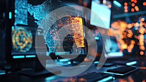 Innovative production process displaying complex data analysis on computer screen