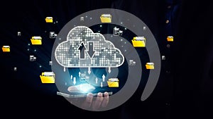 Dynamic Cloud Computing Concept with File Transfer Illustrating Modern Technology and Data Management on a Smartphone