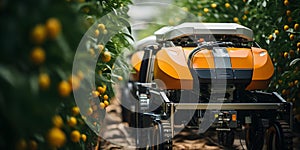 Innovative robots streamline orange harvesting at a contemporary farm using cuttingedge tech. Concept Agricultural Innovation,