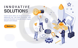 Innovative solutions landing page vector template with isometric illustration. Creative entrepreneurship homepage interface layout