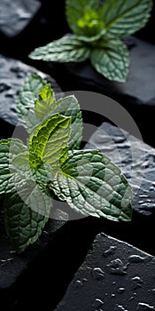 Innovative Tabletop Photography: Mint Leaves On Black Stone