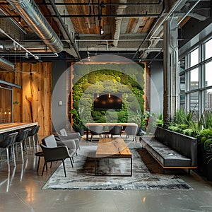 Innovative team space with a biophilic design, featuring moss walls and wood accents, fostering creativity photo