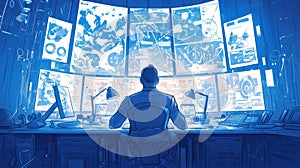 Innovative technology control room with data visualization screens